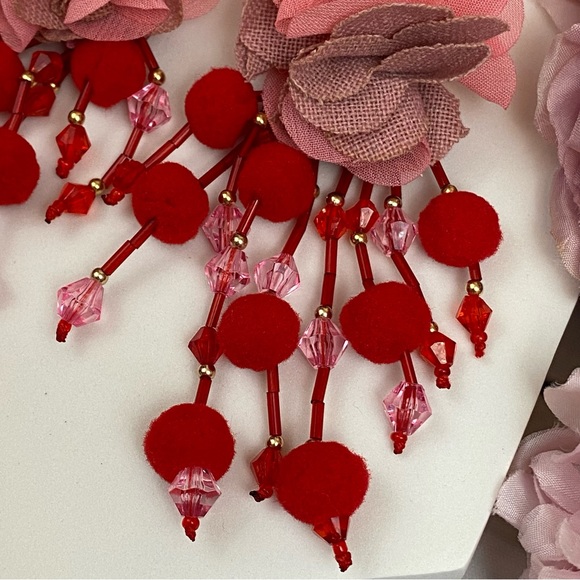 Boho Pink Rose Long Dangling Pom Pom Tassel Earrings - Picture 10 of 16